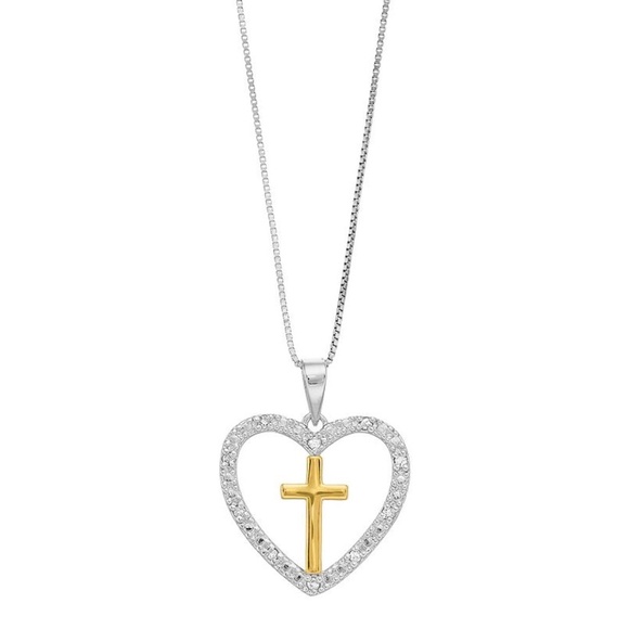 Delicate Diamonds Two Tone Sterling Silver Open Heart Cross Pendant Necklace - Picture 1 of 2